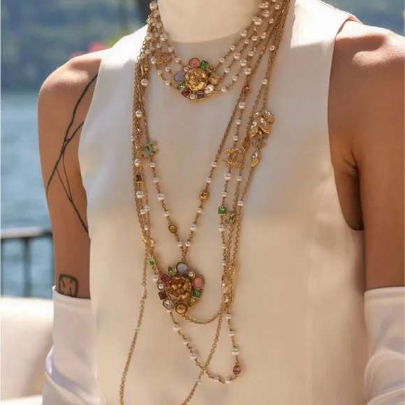CHANEL Gold-Tone Multi-Gem & Pearl Layered Necklace - Picture 2 of 7